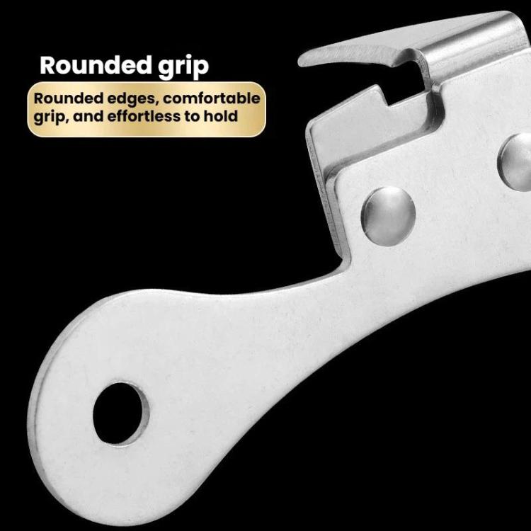 Stainless steel can opener with rounded handle grip and metal blade