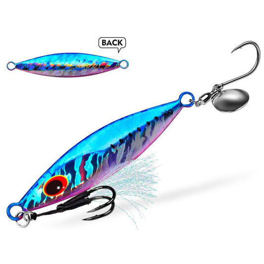 Metal fishing jig with spinner blade, blue/purple body, treble hooks and feather.