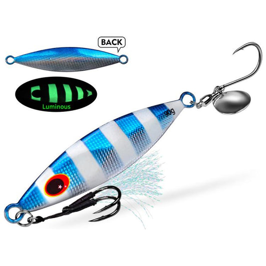 Metal fishing jig with spinner blade, blue/white striped body, treble hooks and feather.
