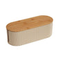 Desktop wire management cable box with wood lid, light ribbed sidewalls, top opening.