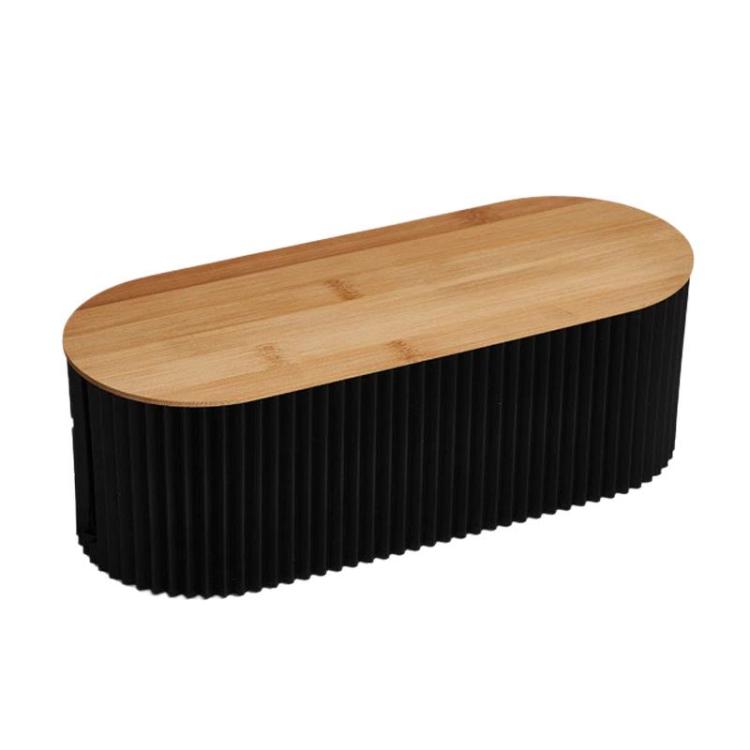 Desktop wire management cable box with wood lid, black ribbed sidewalls, top opening.