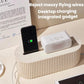 Desktop charging integrated gadget resting on cable management box, with ribbed sidewalls.