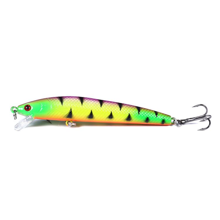 Fishing lure, green and yellow scale pattern with black marks, two treble hooks