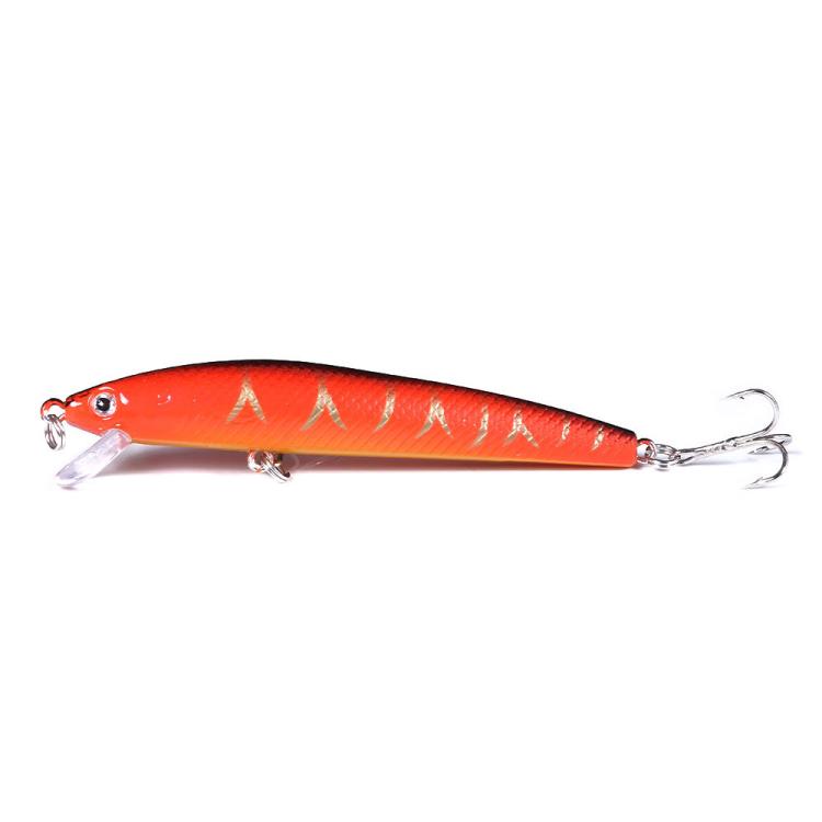 Fishing lure, red-orange body with white lure skirt, triangle pattern, two treble hooks