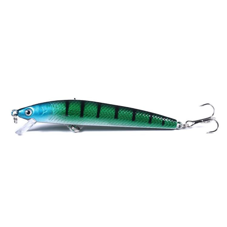 Fishing lure, blue-green body with black stripe sections, two treble hooks