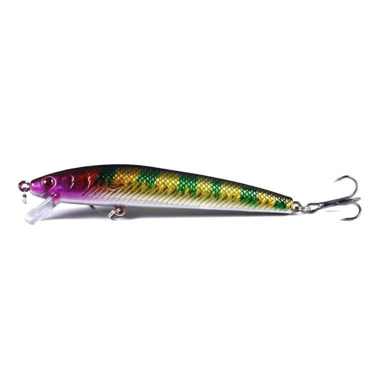 Fishing lure, purple and green reflective body with gold top, two treble hooks