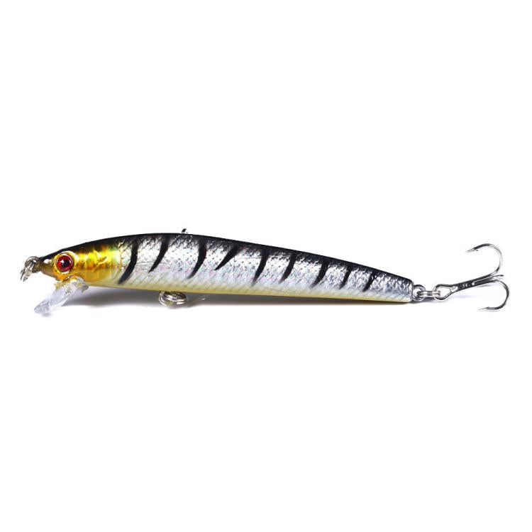 Fishing lure, gold and black striped body with silver top, two treble hooks