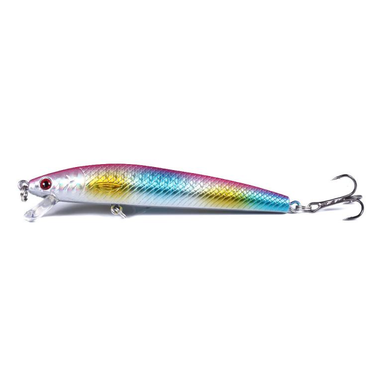Fishing lure, silver with blue and yellow iridescent sides, two treble hooks