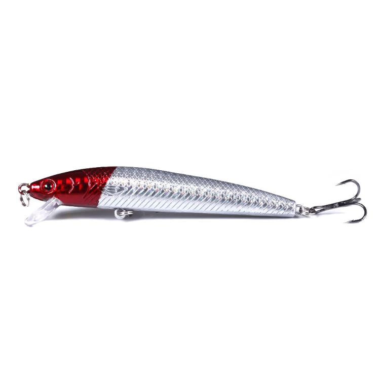 Fishing lure, red head and silver body with diagonal stripe, two treble hooks