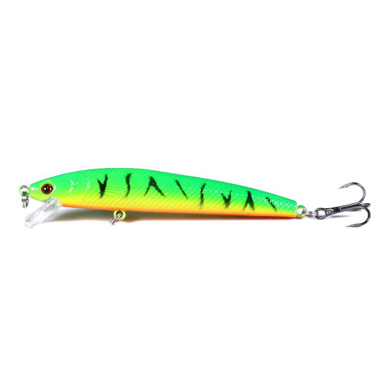 Fishing lure, bright green top with orange sides and black marks, two treble hooks