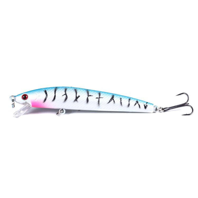 Fishing lure, light blue body with black slash stripes, two treble hooks
