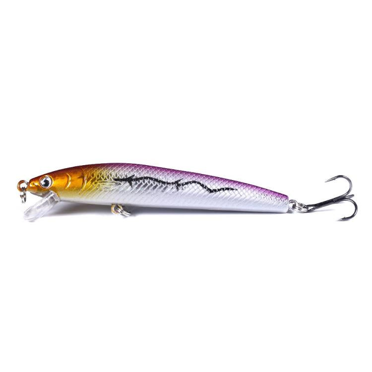 Fishing lure, brown-gold head with purple and silver body, two treble hooks