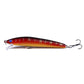 Red-orange minnow fishing lure with gold scales and blue eye, treble hooks