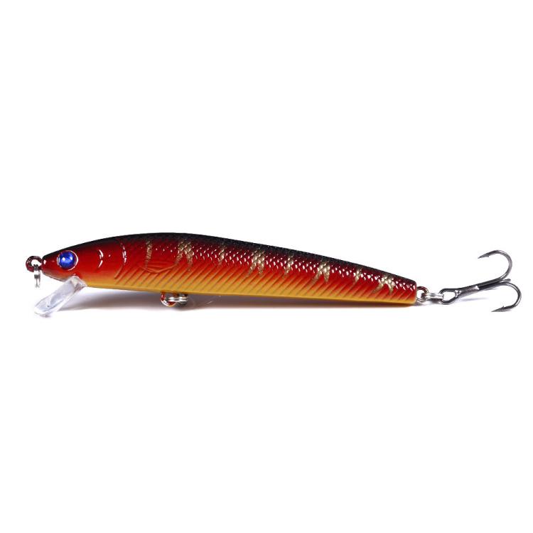 Red-orange minnow fishing lure with gold scales and blue eye, treble hooks