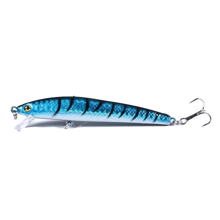 Blue minnow fishing lure with dark stripes and blue eye, clear lip, treble hooks