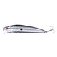 Silver minnow fishing lure with red eye spot and black markings, treble hooks