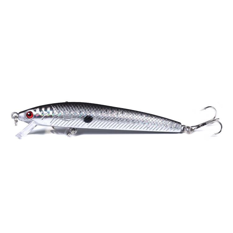 Silver minnow fishing lure with red eye spot and black markings, treble hooks