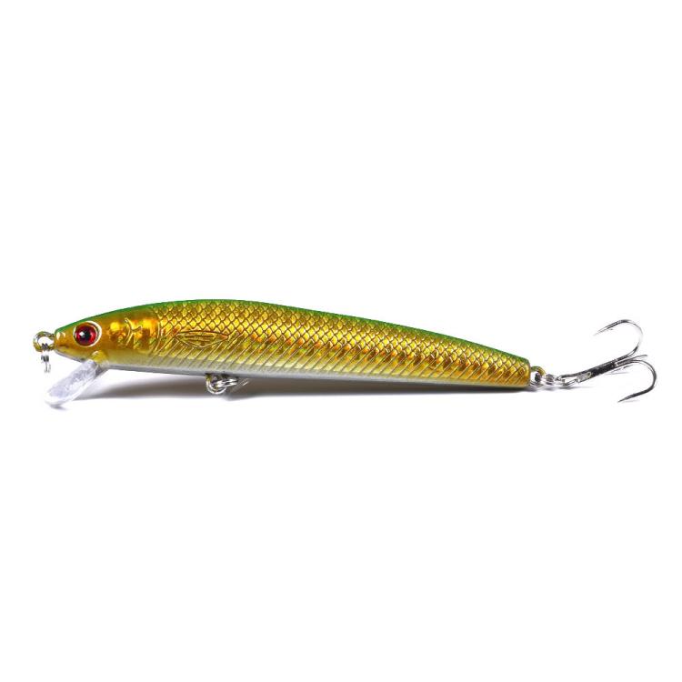 Gold minnow fishing lure with green-tinted back and red eye, treble hooks