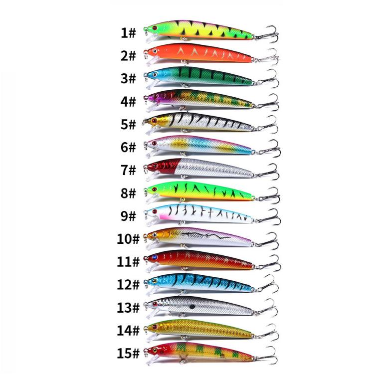 Assorted minnow fishing lures shown in 15 numbered color options with treble hooks