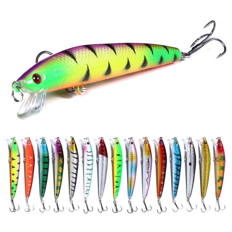 Neon green minnow fishing lure with black stripes and purple back, treble hooks