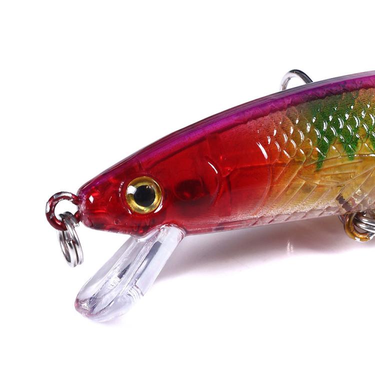 Close-up of red-orange minnow lure head with gold scales, glassy clear lip and eye