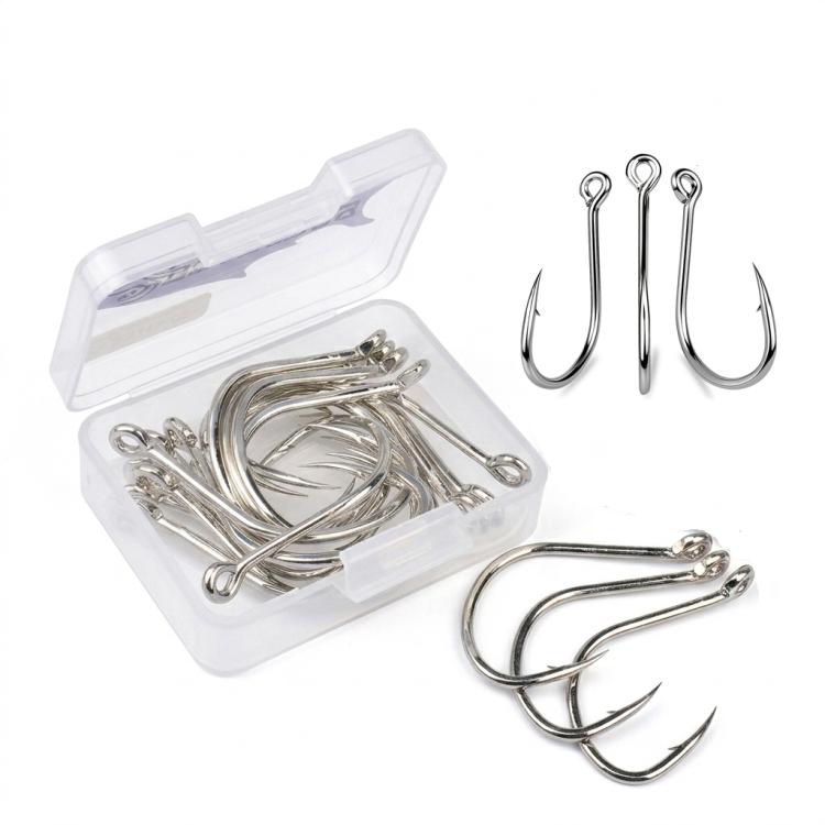 Fish hook set in clear plastic tray with silver ring-eye single hooks and barbs