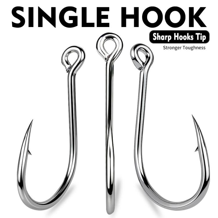 Single fish hooks, shiny silver with ring eye and curved barbed needle points