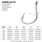 Fish hook size diagram showing measurements on a silver ring-eye hook shape