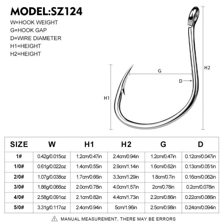 Fish hook size diagram showing measurements on a silver ring-eye hook shape