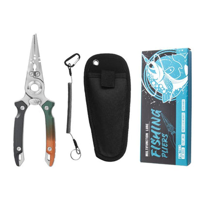 Multifunctional lure pliers set with stainless body, orange/green grips, and carrying pouch