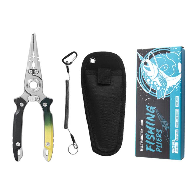 Multifunctional lure pliers set with stainless body, yellow/green grips, and carrying pouch