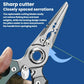 Multifunctional lure pliers close-up with serrated sharp cutter jaws and grip ring