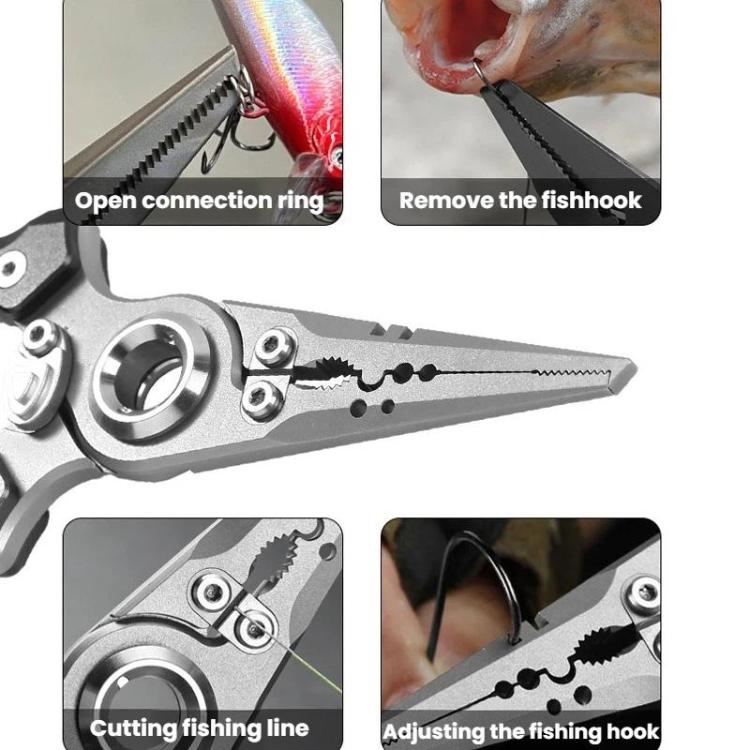Lure pliers feature set: open ring, remove fishhook, cut line, adjust hook
