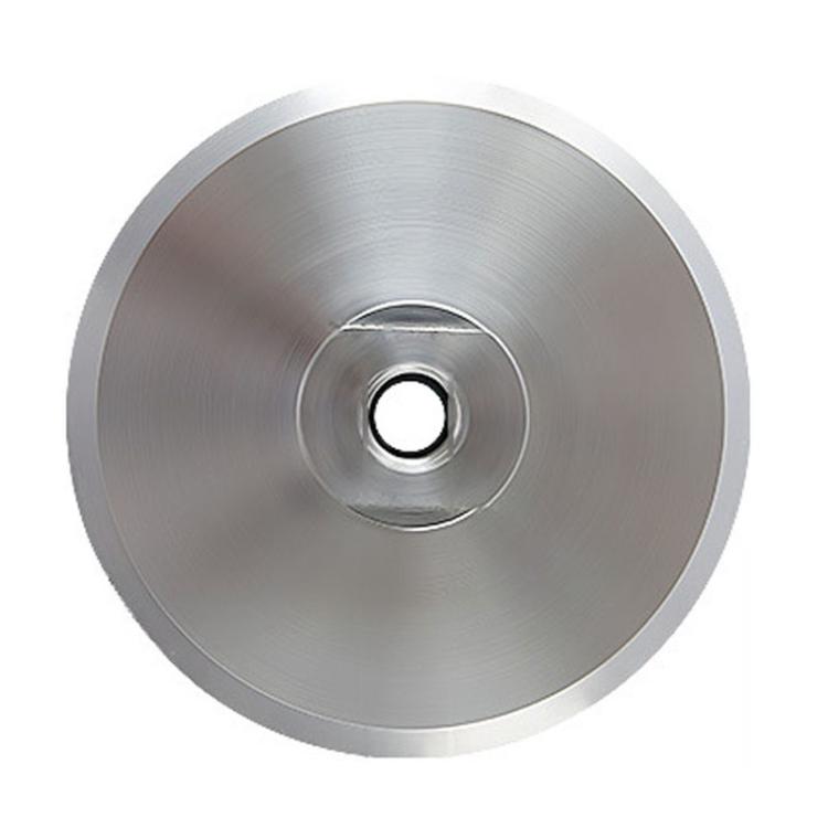 Silver metal grinding disc with central hole and smooth recessed ring around it