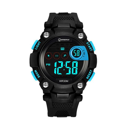 Kids digital sports watch with black strap and bezel, blue illuminated LCD display