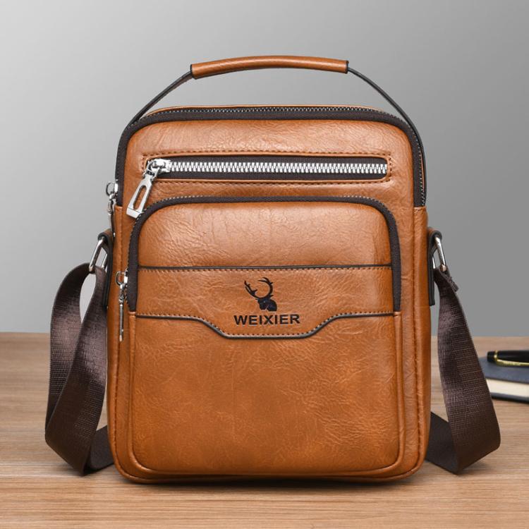 Men's vertical crossbody bag in light brown PU leather, top handle, front zip pockets