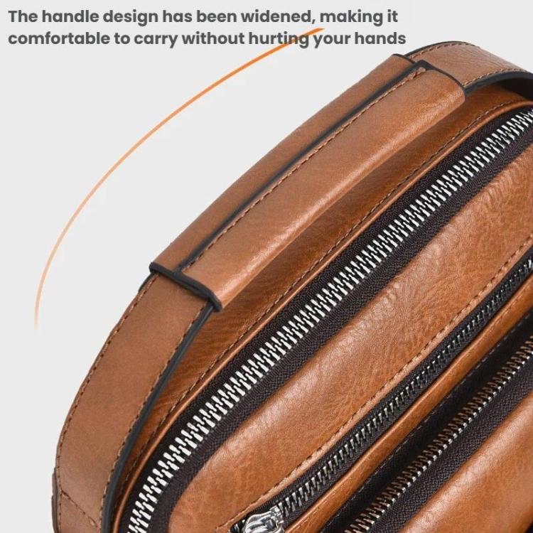 Brown PU leather crossbody bag close-up of top handle and front zipper detail