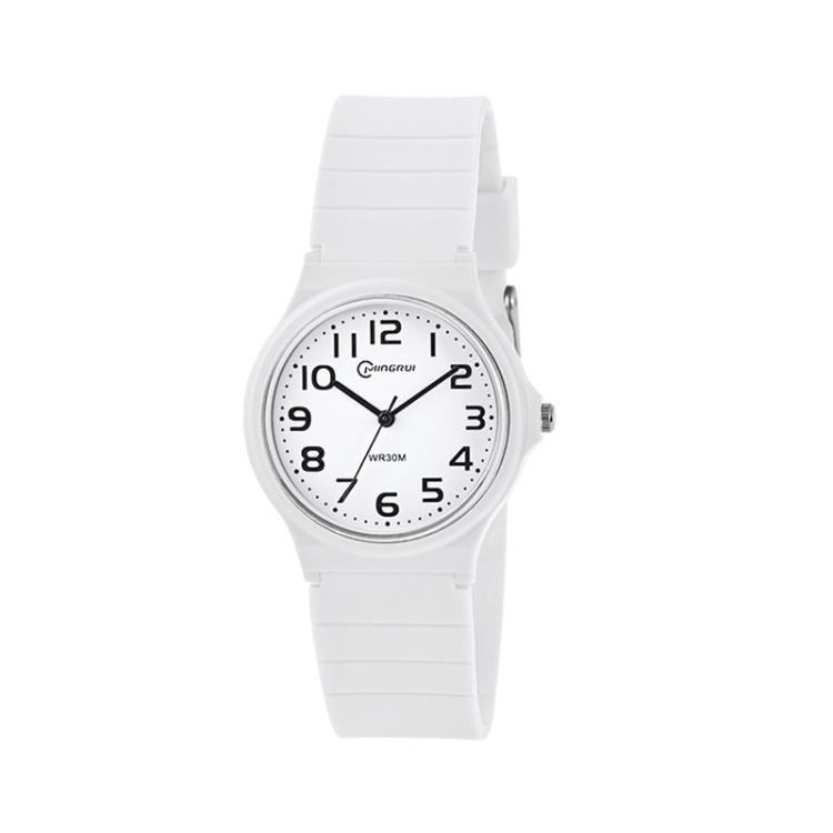 White analog wristwatch with rubber strap and round dial, easy-read numerals