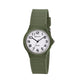 Military green analog wristwatch with rubber strap and round dial, easy-read numerals