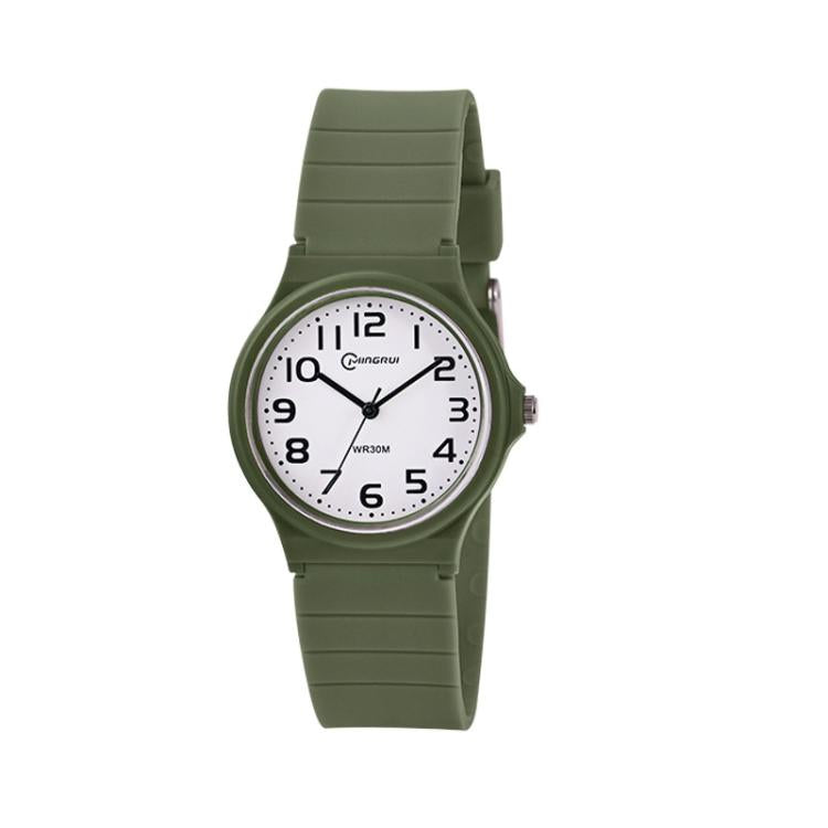 Military green analog wristwatch with rubber strap and round dial, easy-read numerals