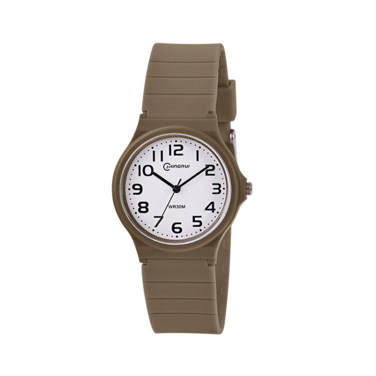 Coffee brown analog wristwatch with rubber strap and round dial, easy-read numerals