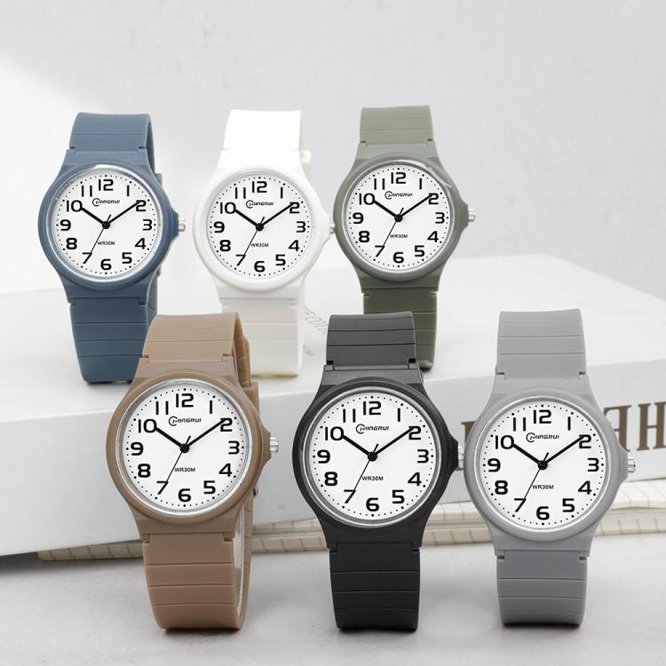Assorted color analog wristwatches with round dials and rubber straps