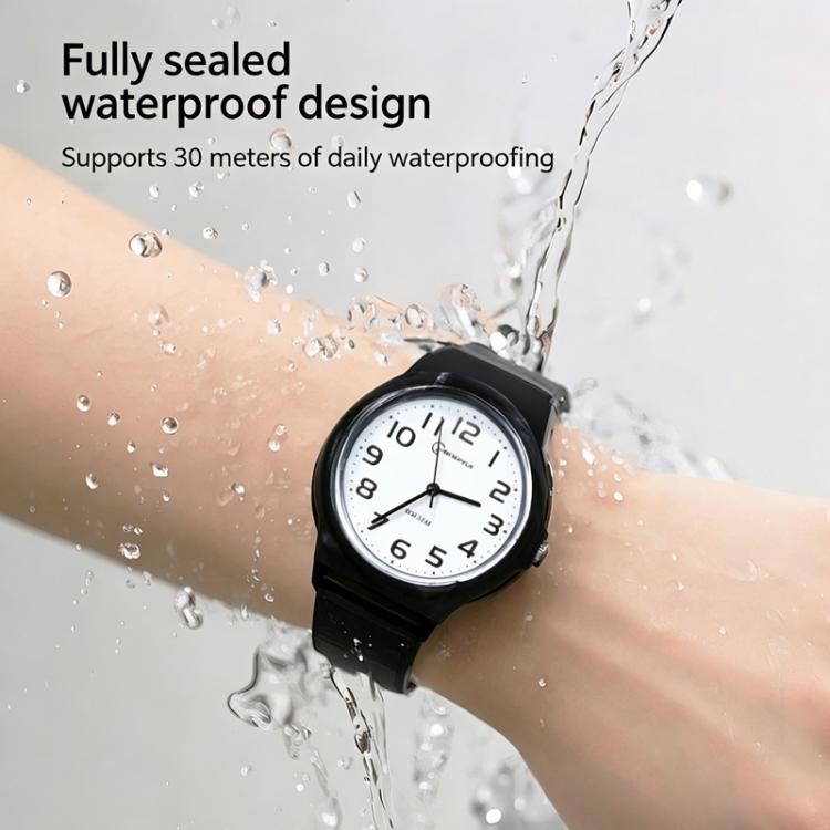 Black analog wristwatch on wrist with water splash, rubber strap and round white dial