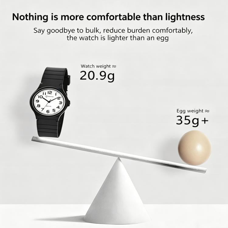 Black analog wristwatch on balance scale, rubber strap and round white dial