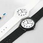 MINGRUI analog wristwatch with white and black faces, black strap, quartz movement