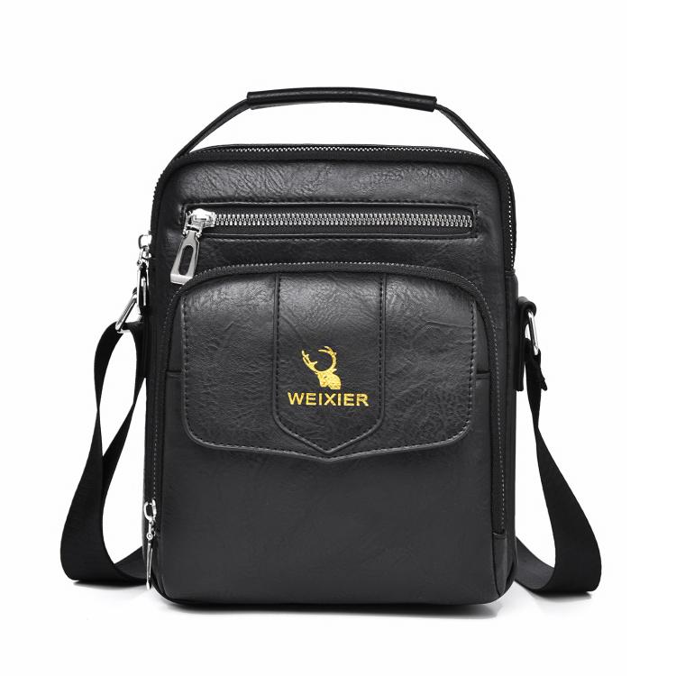 Men's black leather-look shoulder bag with zip front pocket and adjustable strap