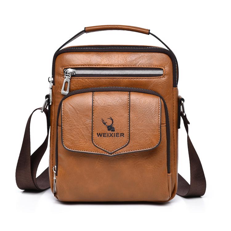 Men's light-brown leather-look shoulder bag with dual zippers and front flap pocket