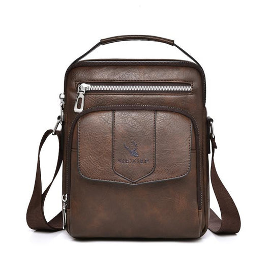 Men's dark-brown leather-look shoulder bag with zip top and front logo flap pocket