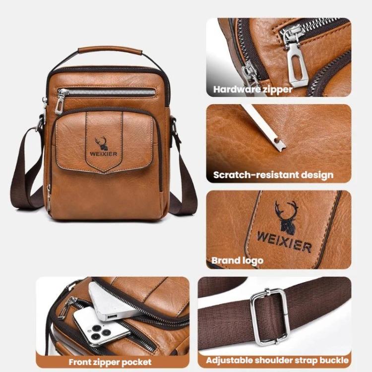 Men's tan shoulder bag with front zip pocket, WEIXIER logo, and adjustable strap buckle