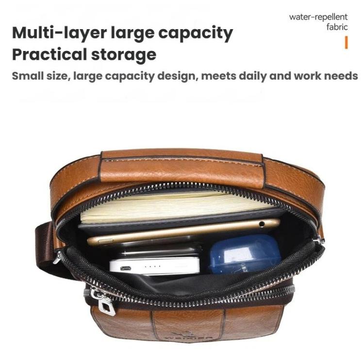 Brown shoulder bag open to show multi-layer storage and zipper-closed compartments